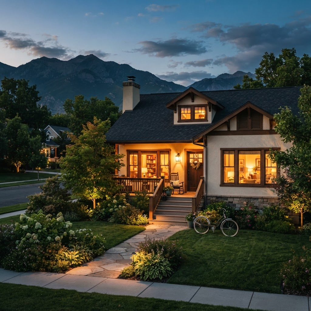 A charming Utah home at dusk with warm glowing windows and the Wasatch mountains softly behind it