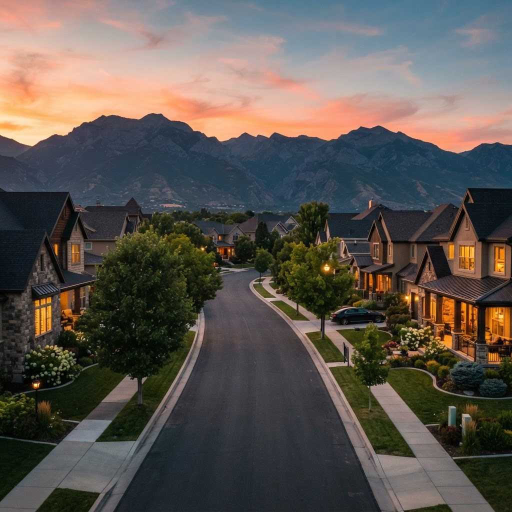 A Utah neighborhood of family homes glowing at golden-hour sunset with the Wasatch mountains behind