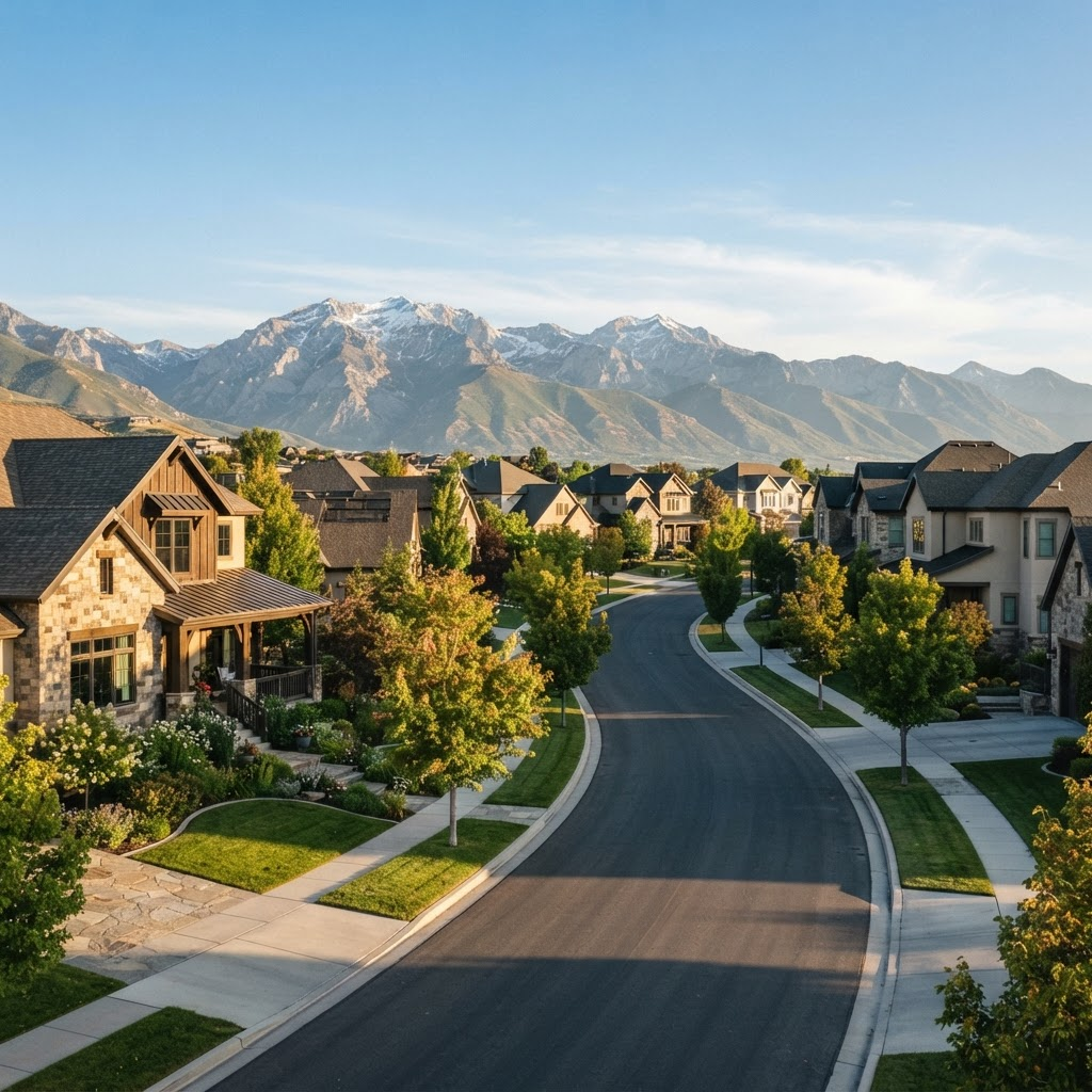 A modern Utah residential neighborhood in golden morning light with the snow-dusted Wasatch mountains rising behind it