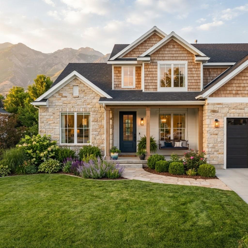 A welcoming modern Utah family home with a front porch and manicured landscaping below the Wasatch foothills