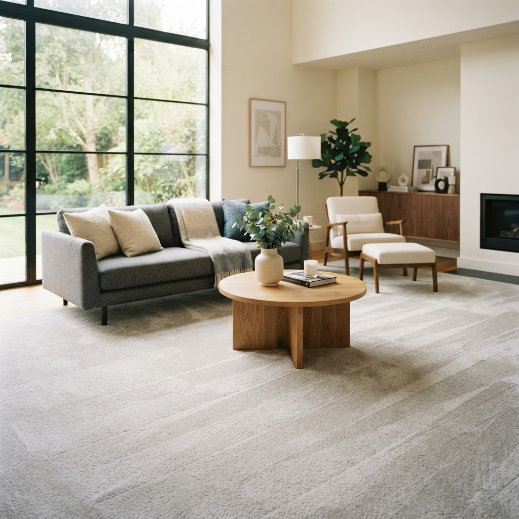 Freshly cleaned plush carpet in a bright, sunlit living room
