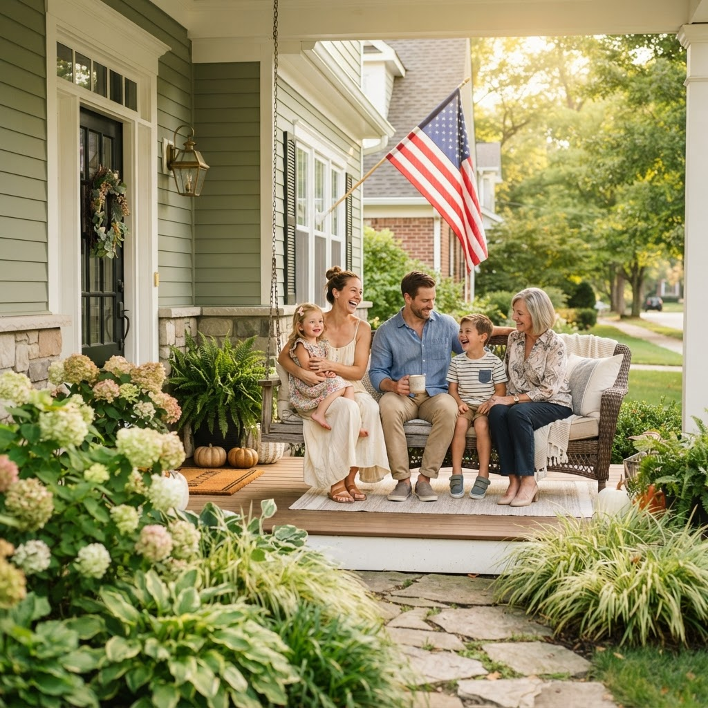 A relaxed family enjoying a free weekend outside their well-kept home