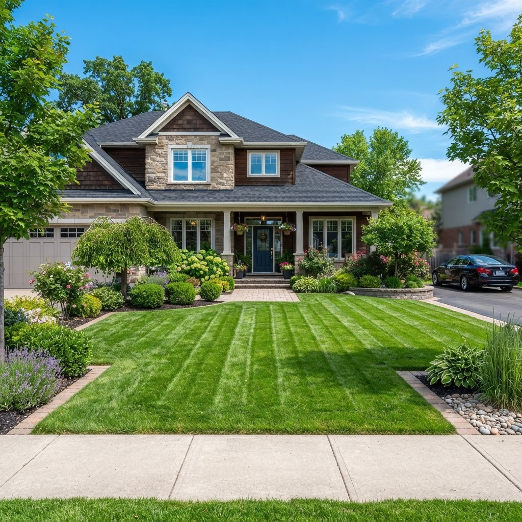 Freshly mowed green lawn with crisp mowing stripes in front of a home