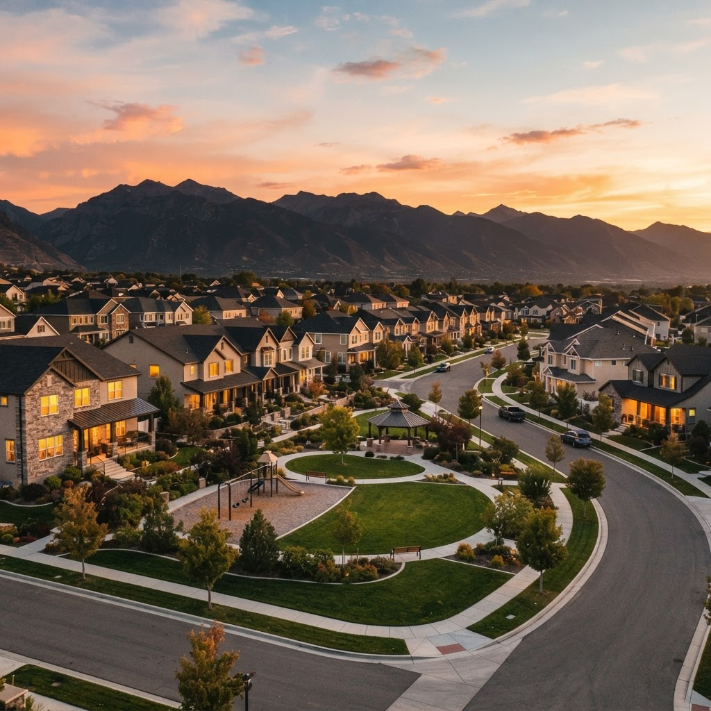 A Utah HOA community at golden-hour sunset with the Wasatch mountains in the background