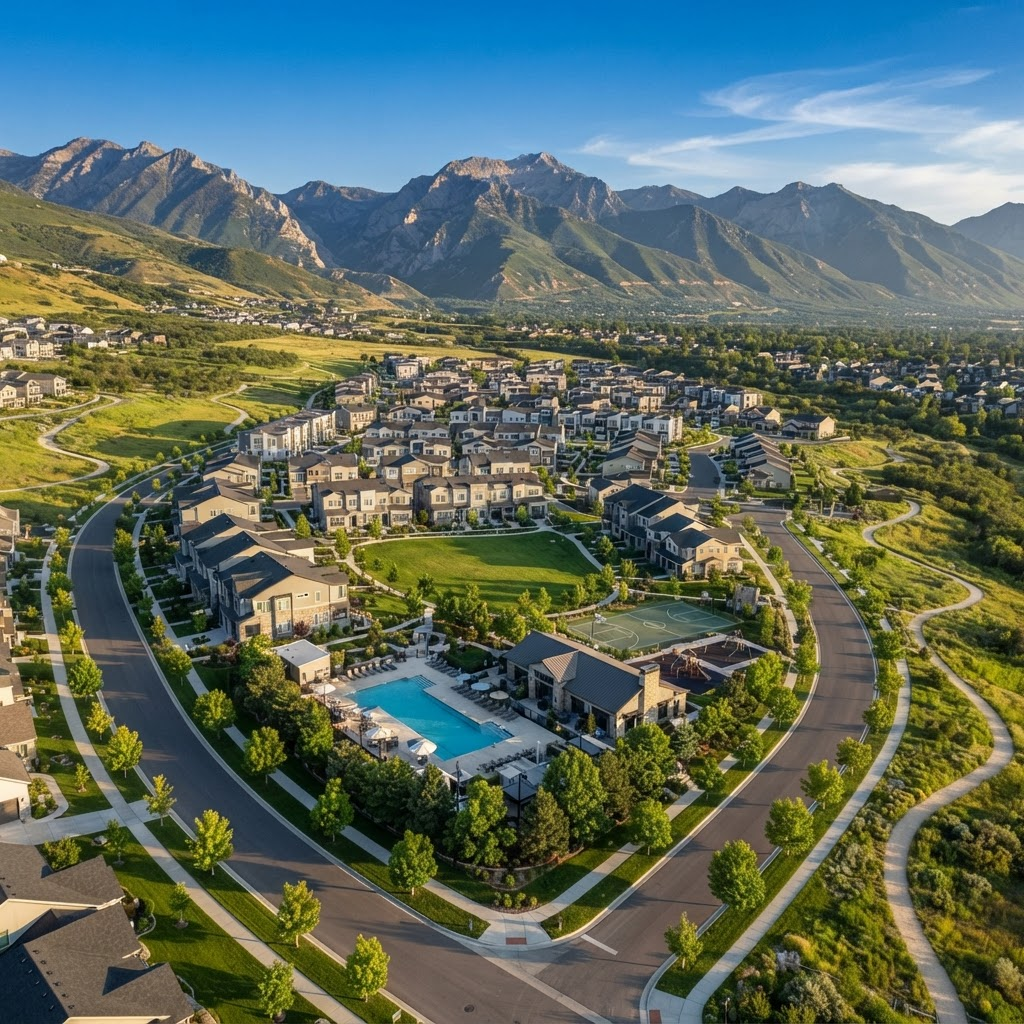 Aerial view of a modern Utah HOA community with townhomes, parks, and walking trails, with the Wasatch mountains in the background