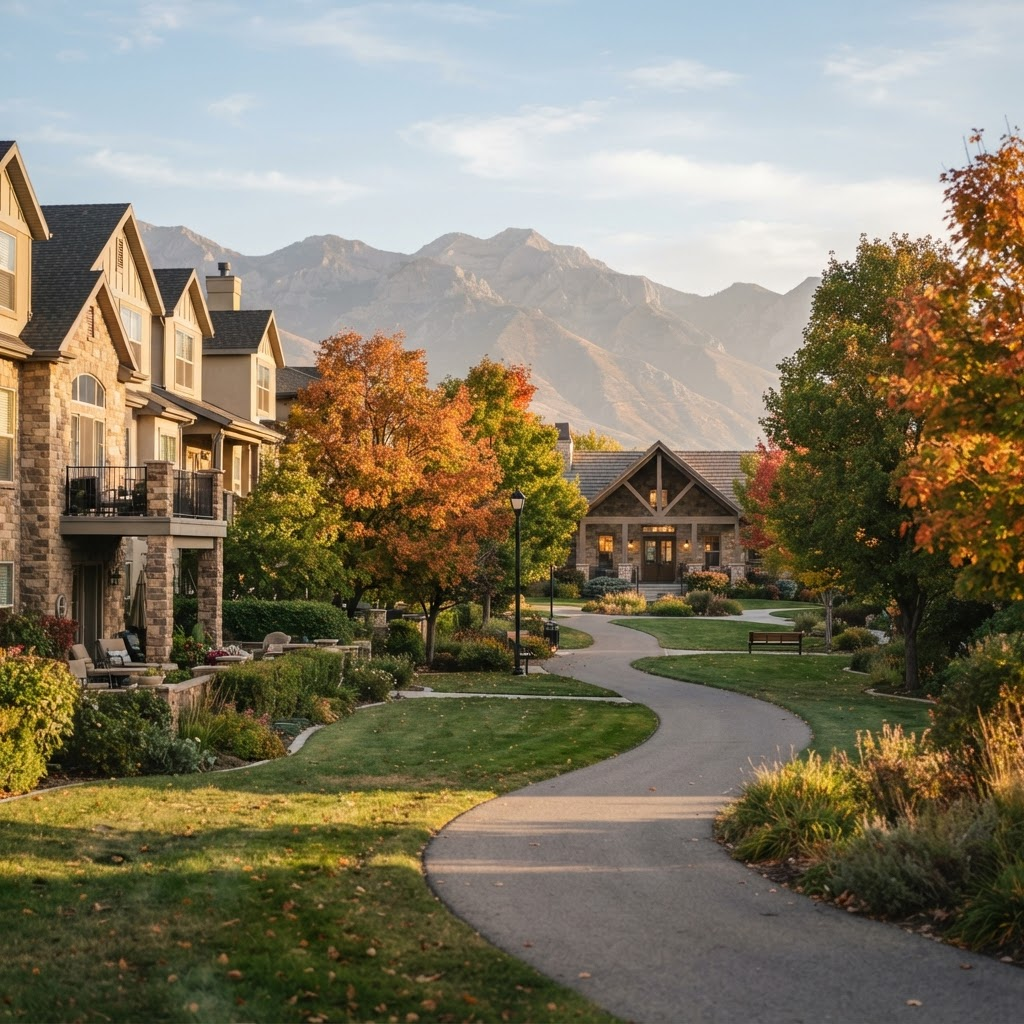 A landscaped Utah HOA community park with a walking trail, mature trees, and townhomes with the Wasatch mountains in the background