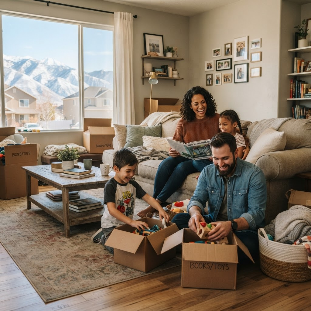 A family settling comfortably into a warm, welcoming Utah rental home