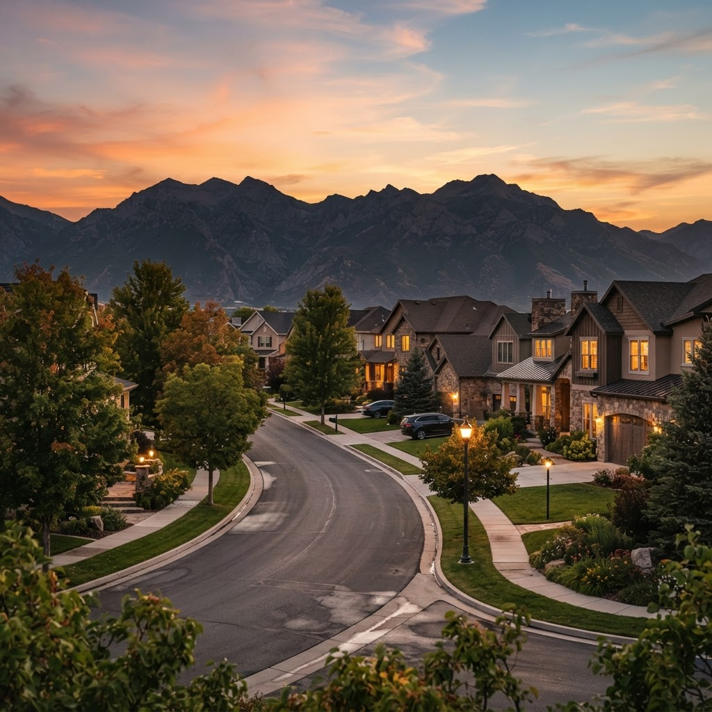 A Utah residential neighborhood at golden-hour sunset with the Wasatch mountains in the background