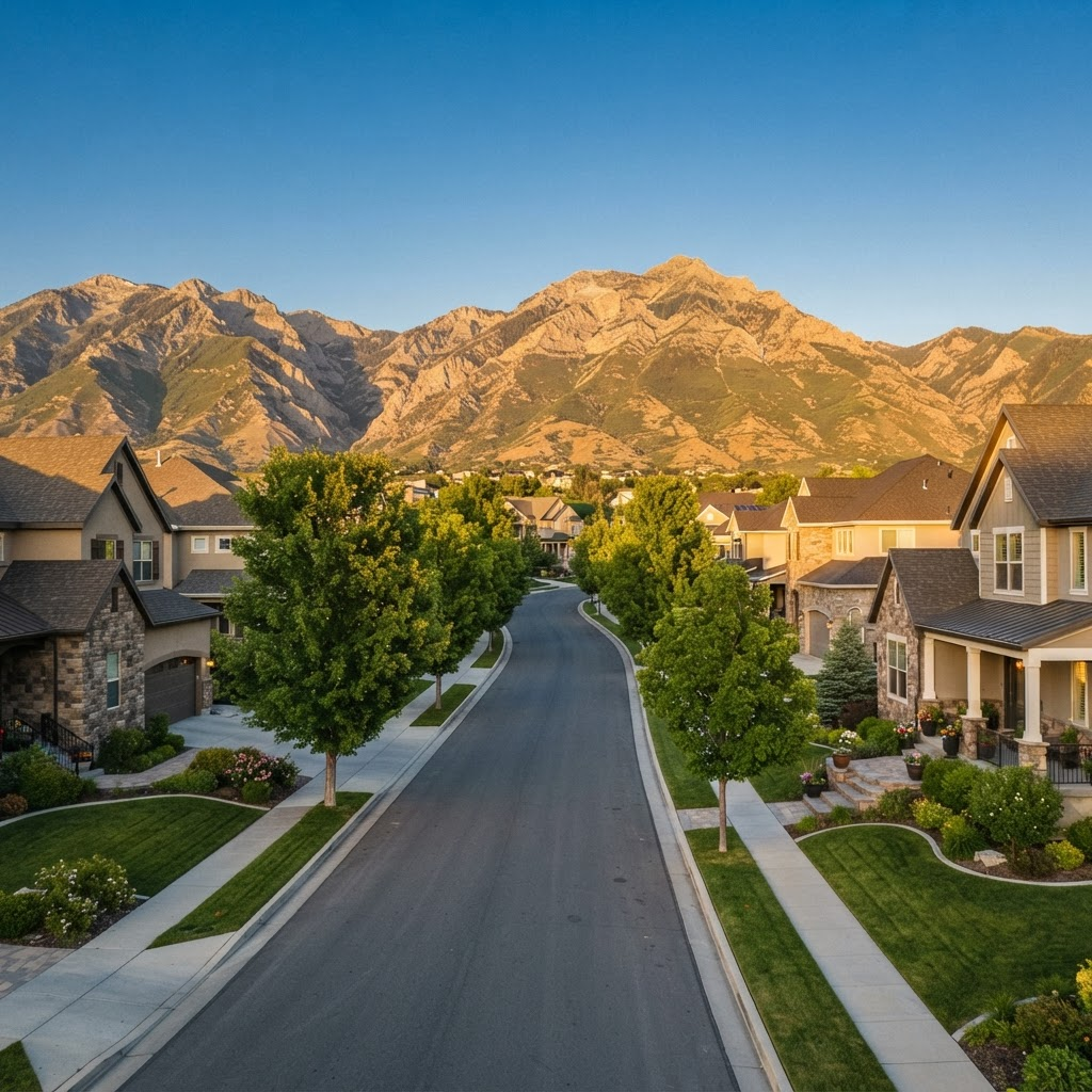 An attractive Utah residential neighborhood with family homes and the Wasatch mountains in the background at golden light