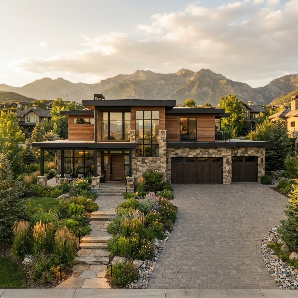 A modern Utah home with clean contemporary architecture and manicured landscaping