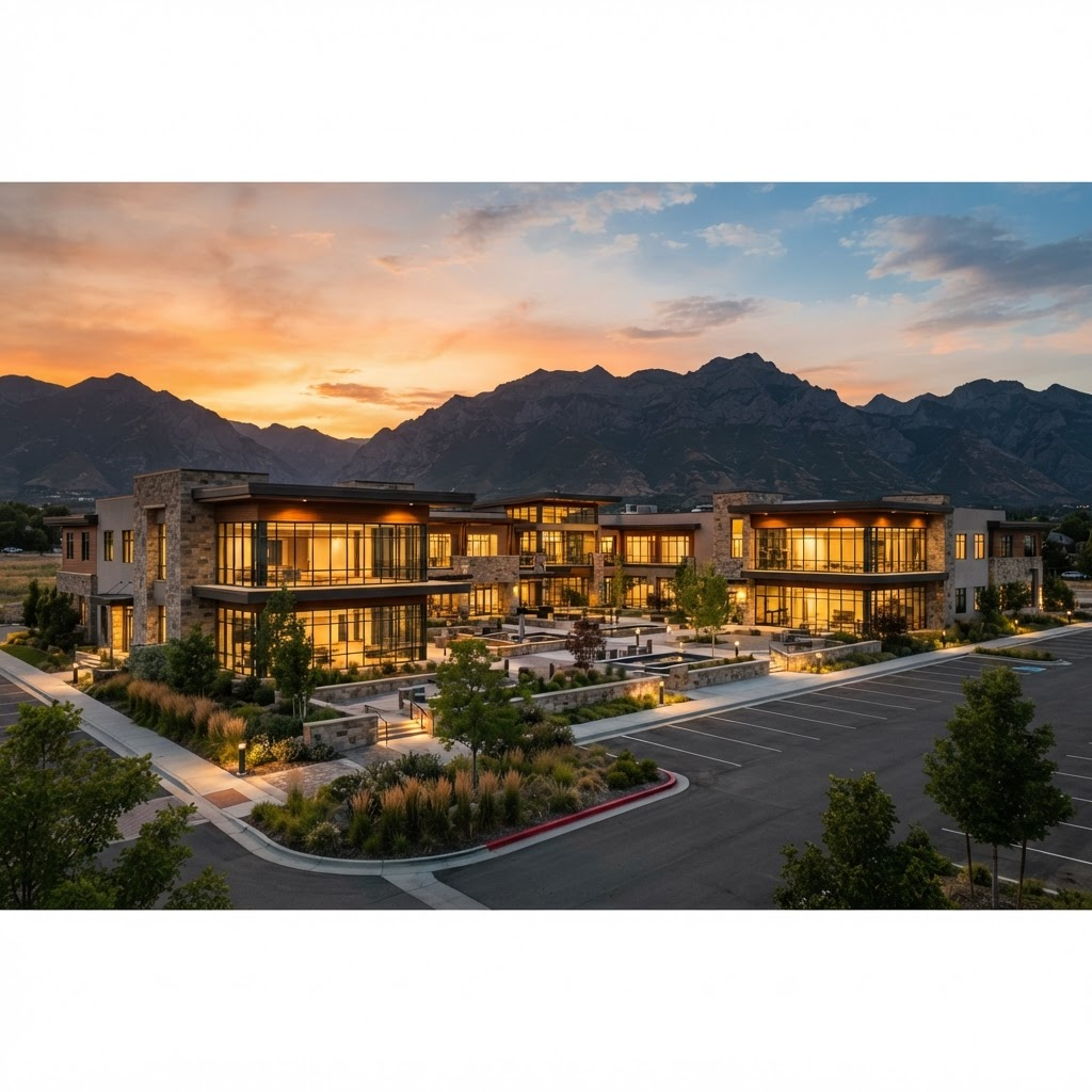 A modern Utah commercial property at golden-hour sunset with the Wasatch mountains in the background