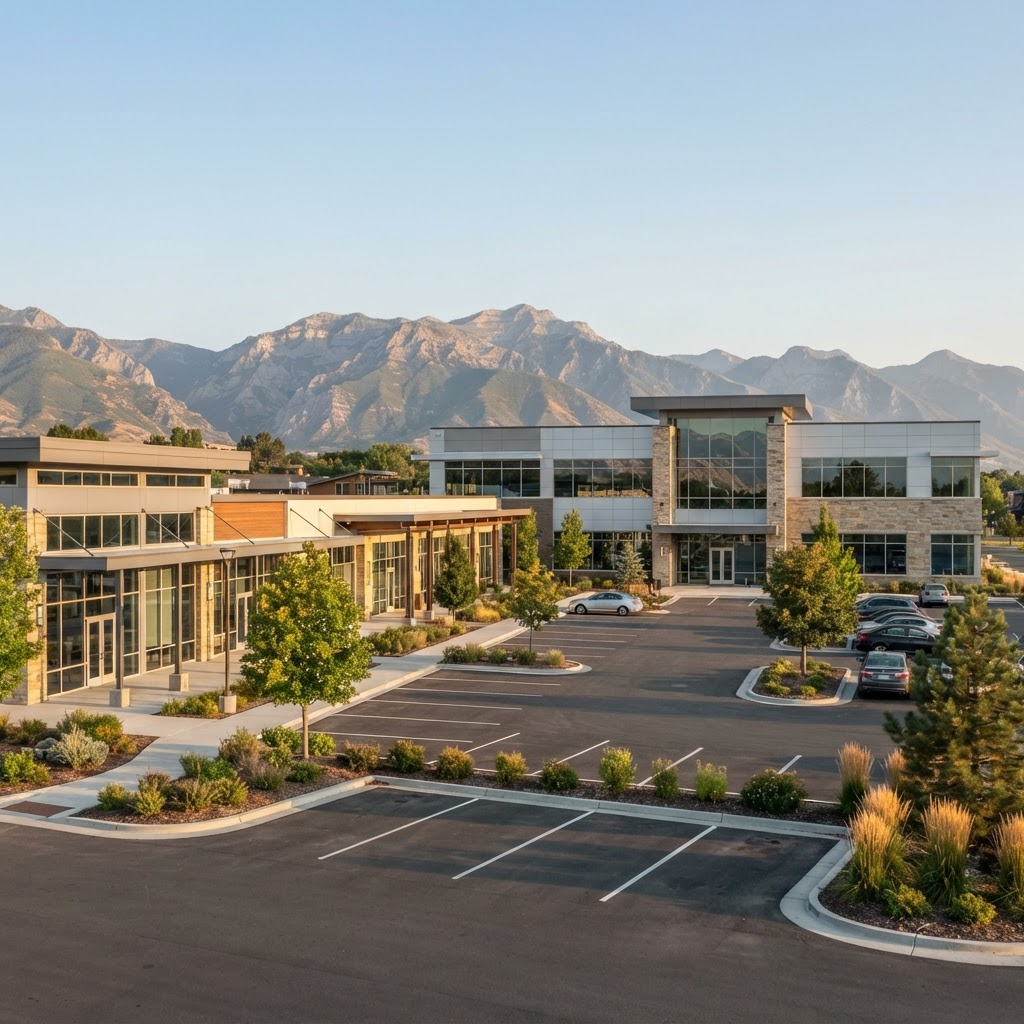 A modern Utah commercial property with a professional office building and retail center, with the Wasatch mountains in the background