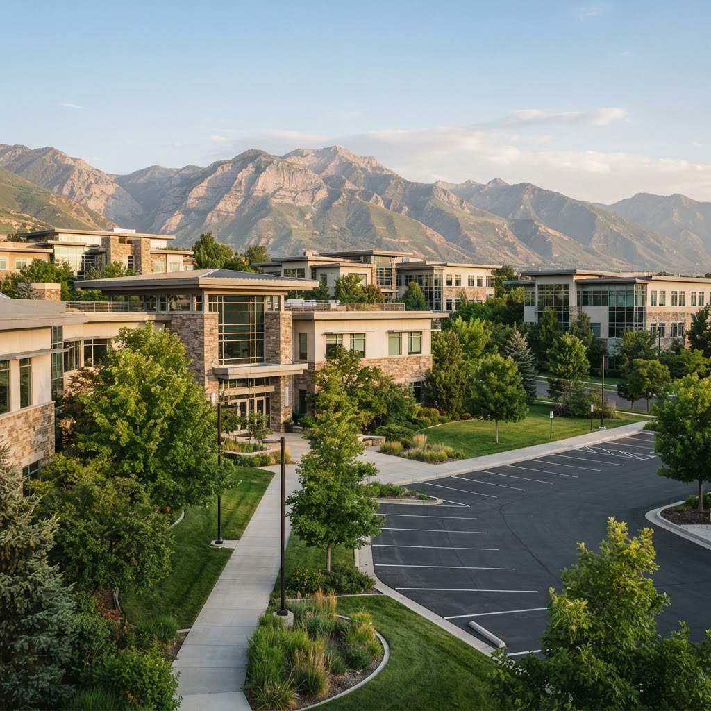 A well-maintained modern Utah business park with professional office buildings and landscaping, with the Wasatch mountains in the background