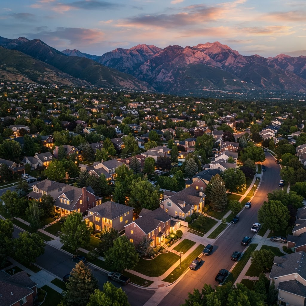 Warm Utah neighborhood at dusk with the Wasatch mountains on the horizon