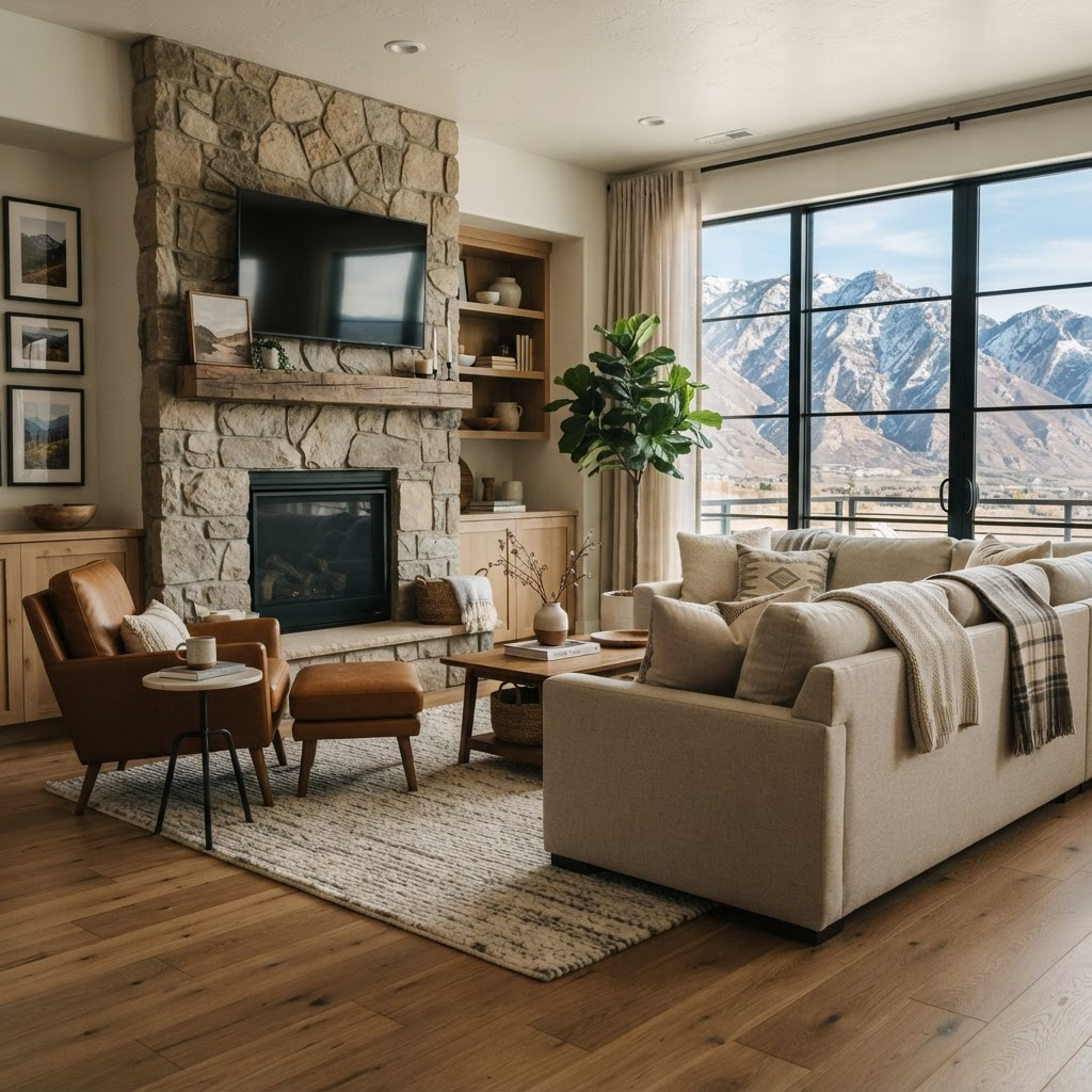 Cozy, sunlit living room in a well-maintained Utah rental home