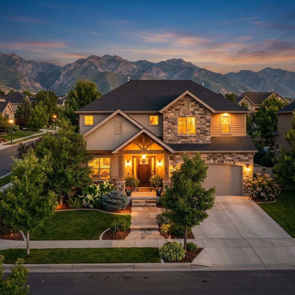 A welcoming Utah home glowing warmly in the evening light with the mountains beyond