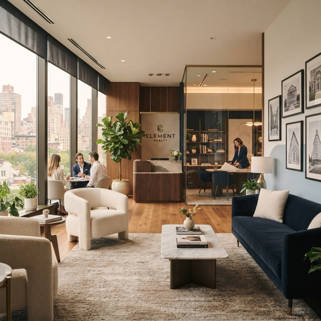 An elegant, light-filled modern real estate office lobby