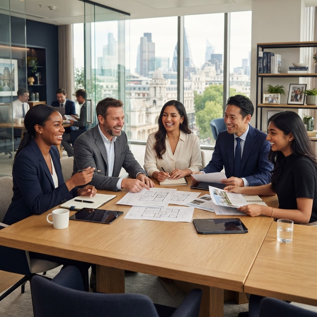 Boardwalk real estate professionals collaborating in a bright office