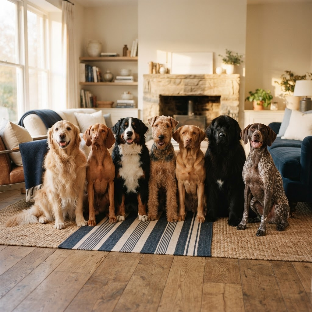 A group of happy, friendly dogs together in warm golden light
