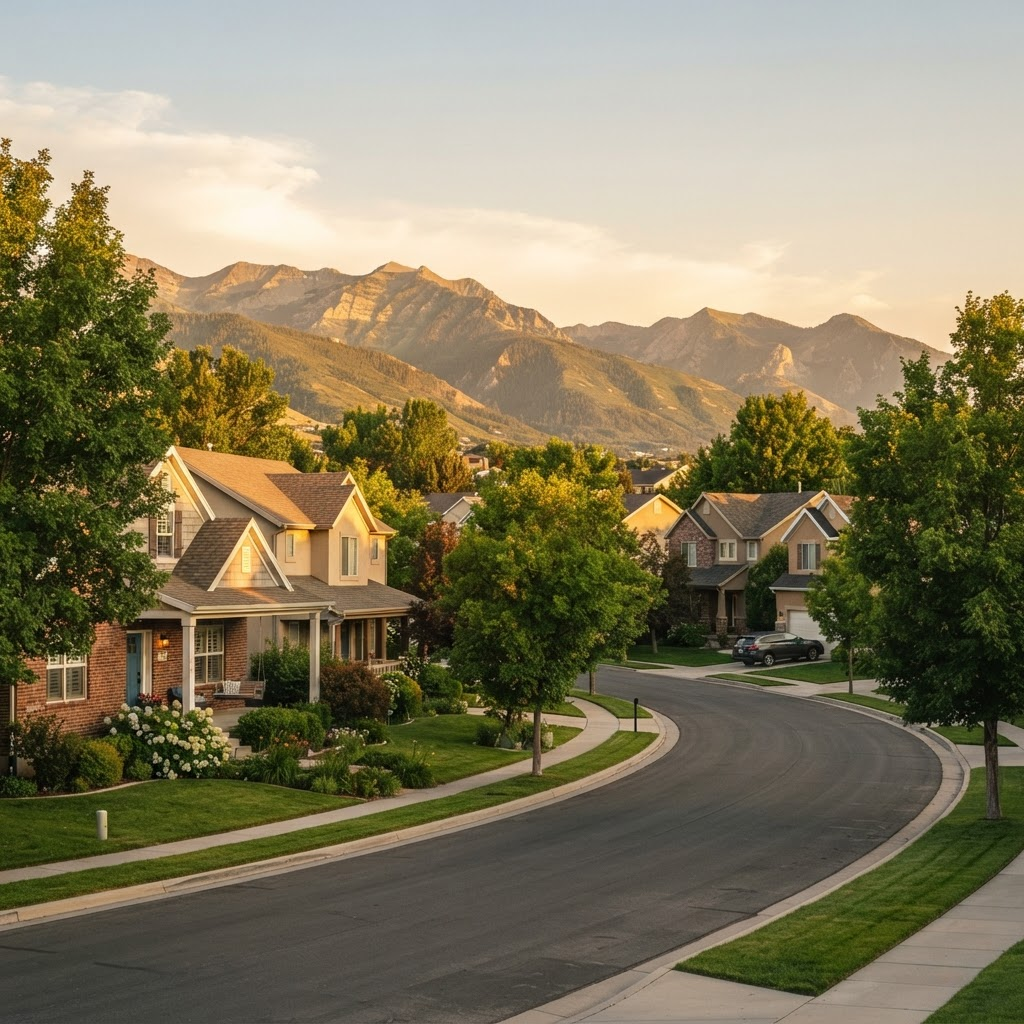 A welcoming Utah home at golden hour with the Wasatch mountains beyond