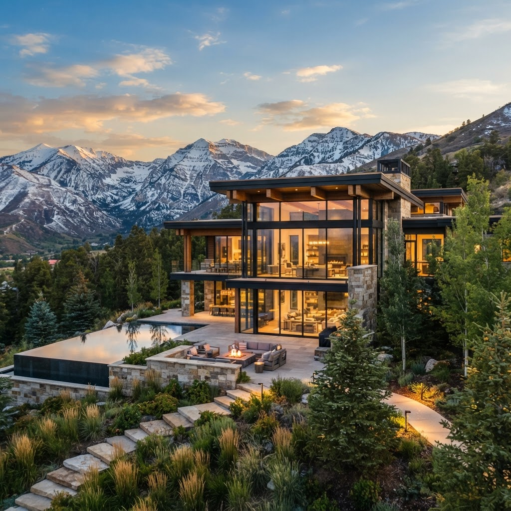 Modern luxury home in Utah at golden hour with the Wasatch mountains in the background