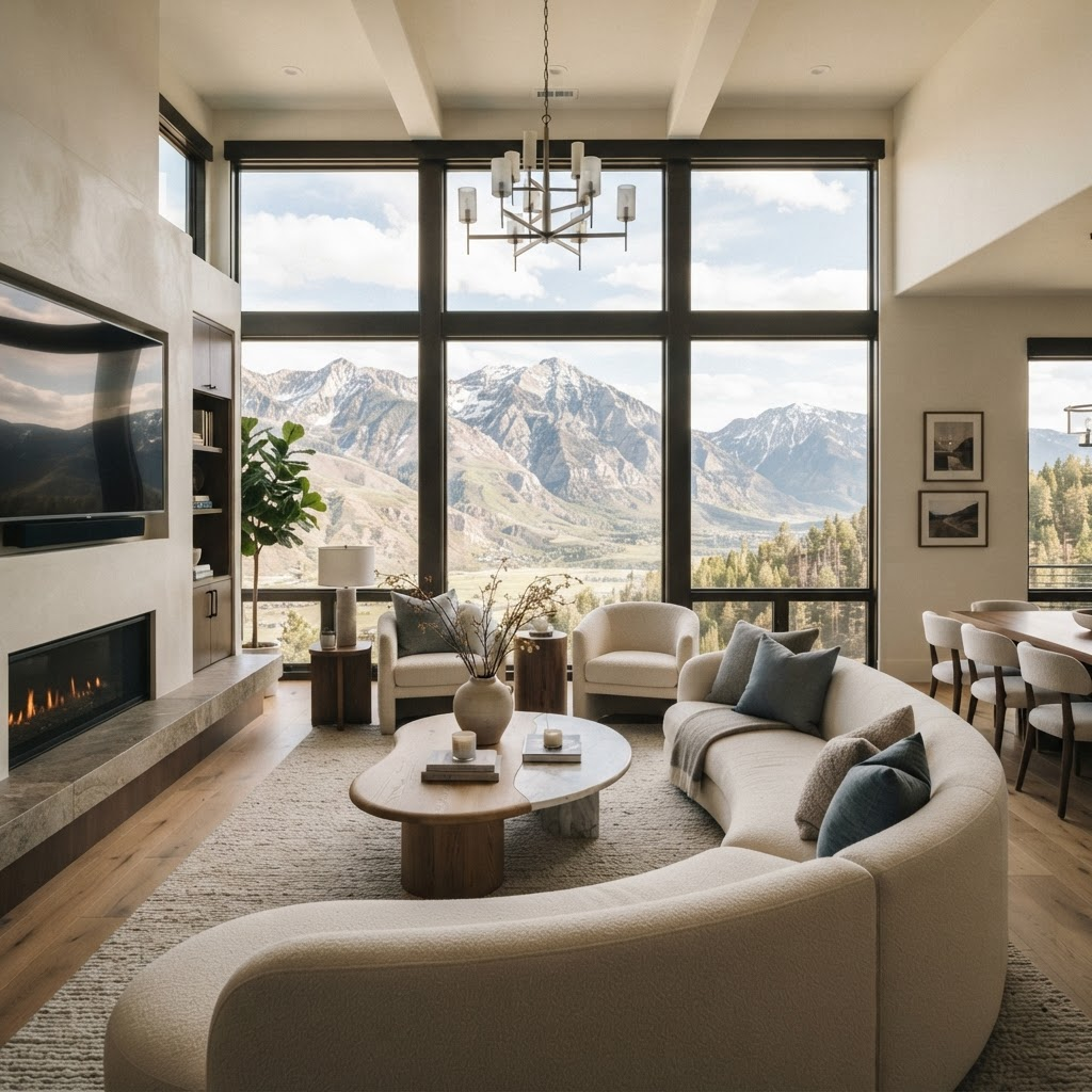 Bright, elegant living room with floor-to-ceiling windows overlooking the Utah mountains