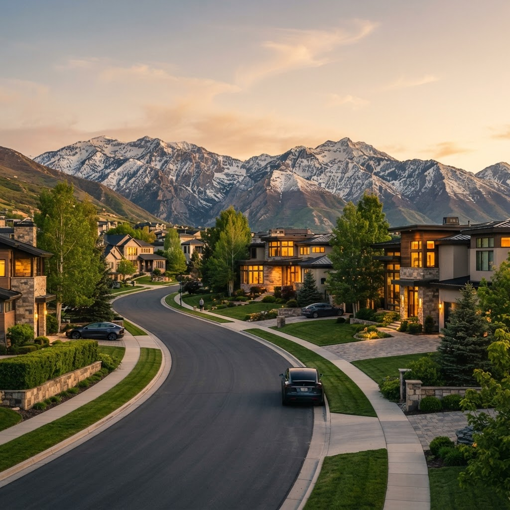 Upscale Utah investment neighborhood at golden hour with the Wasatch mountains behind it