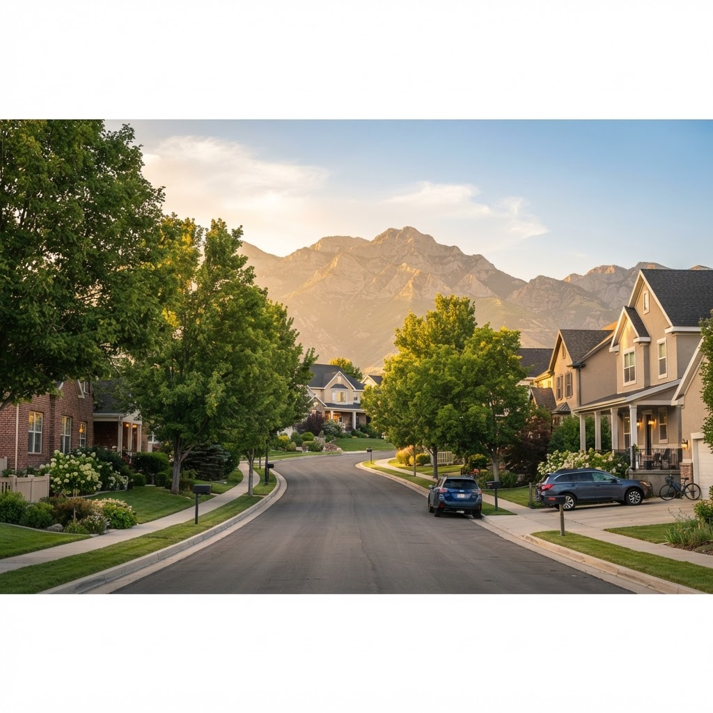 A warm Utah neighborhood street at golden hour with the Wasatch mountains beyond