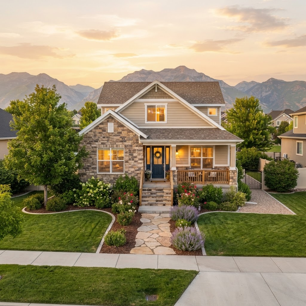 A well-maintained Utah rental home at sunset with the Wasatch mountains in the background
