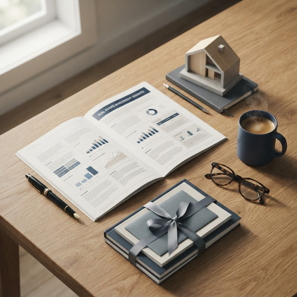 A refined desk with an investor newsletter, financial charts, reading glasses, and a model home