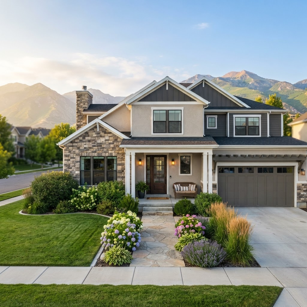 A well-maintained single-family rental home in a Utah suburb with the Wasatch mountains behind it