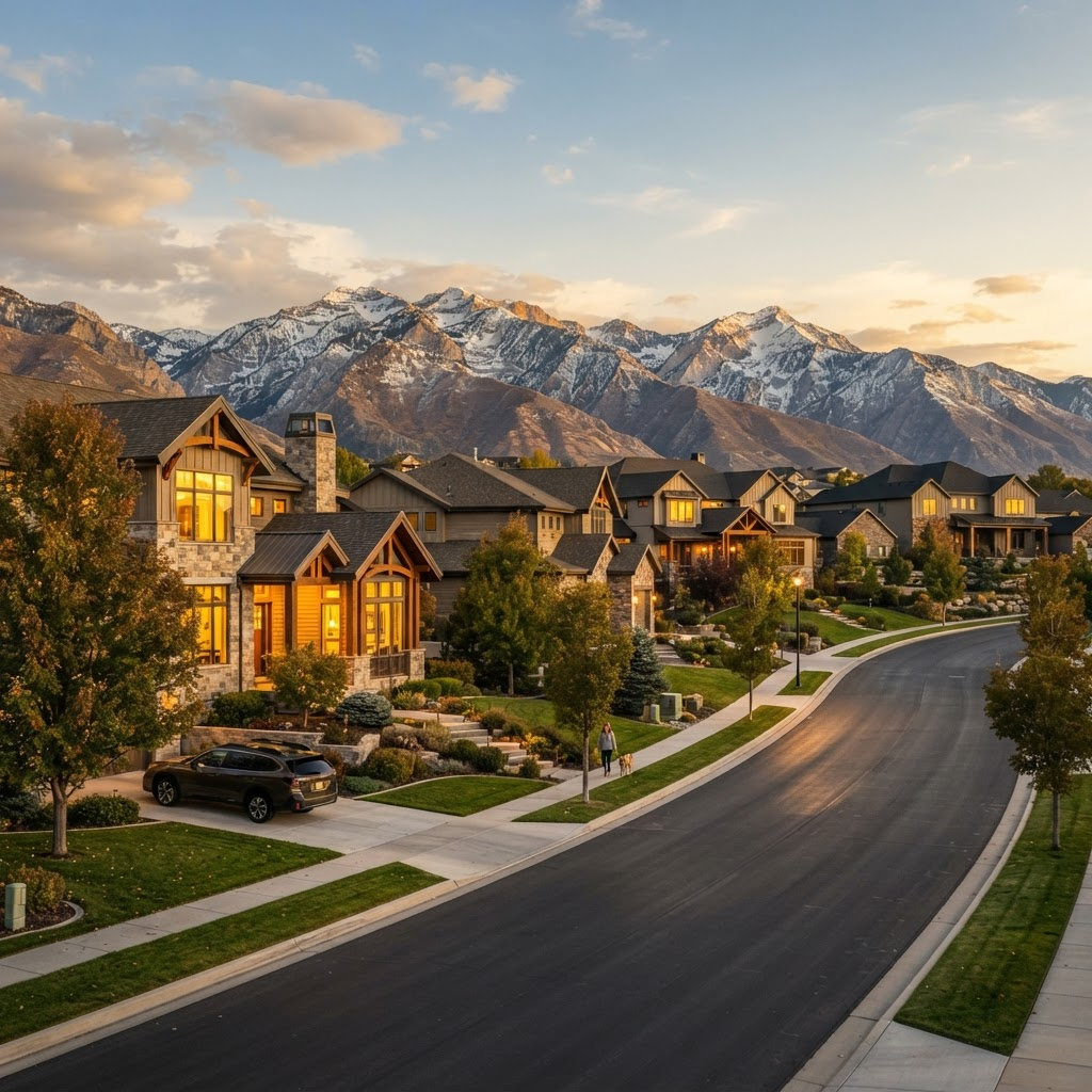 Upscale Utah neighborhood with the Wasatch mountains at golden hour