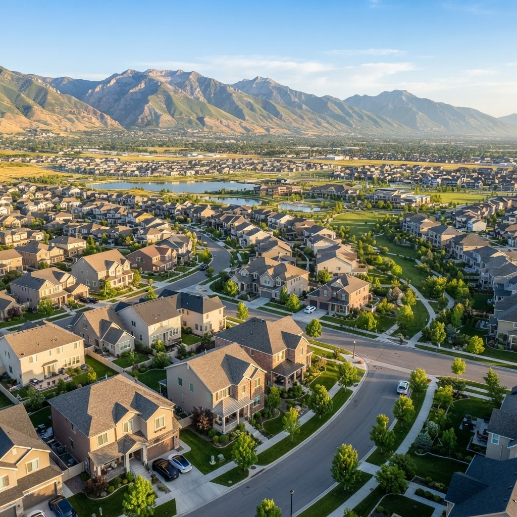 Aerial view of a Utah suburban neighborhood with mountains beyond