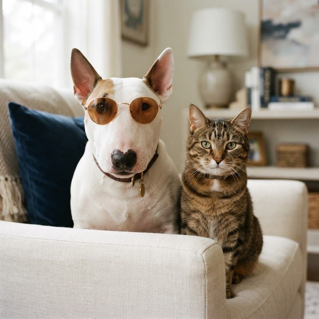 A stylish dog wearing sunglasses beside a tabby cat in a cozy living room
