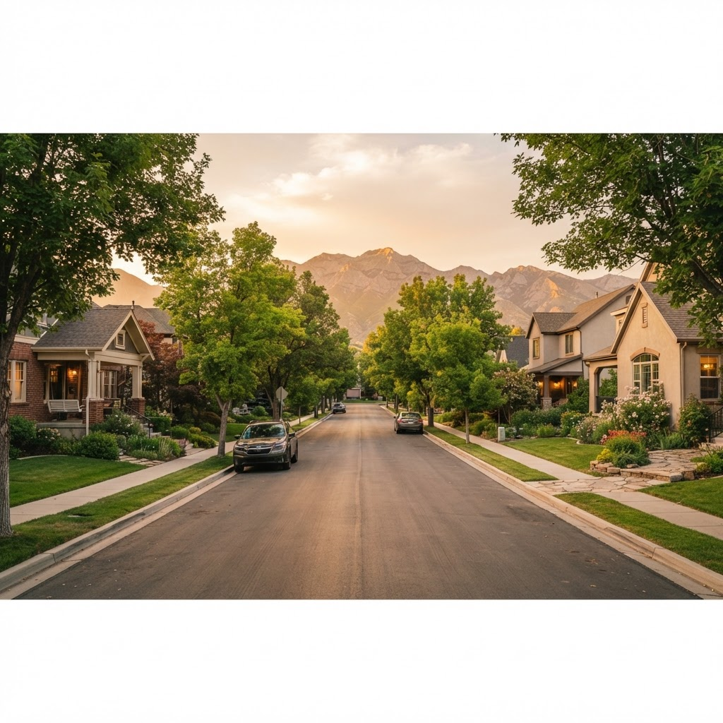 A warm Utah residential neighborhood at golden hour with the Wasatch mountains in the background