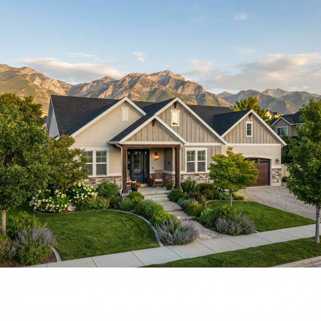 A well-maintained Utah single-family rental home with professional landscaping and the Wasatch mountains in the distance