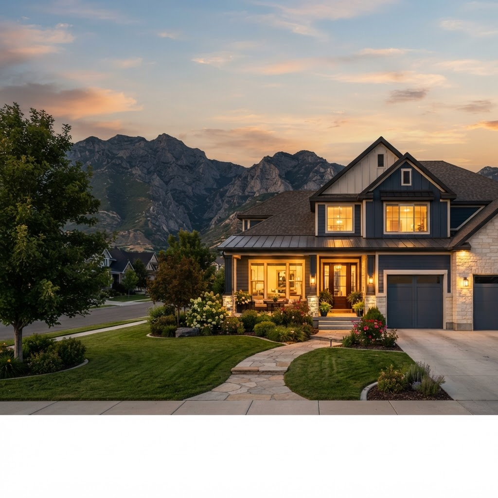 A welcoming Utah home glowing at golden hour with the Wasatch mountains in the background