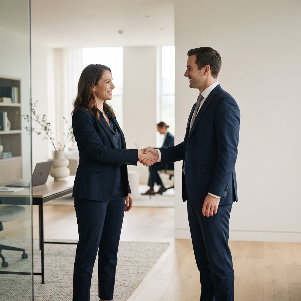 Two real estate professionals shaking hands in a modern office