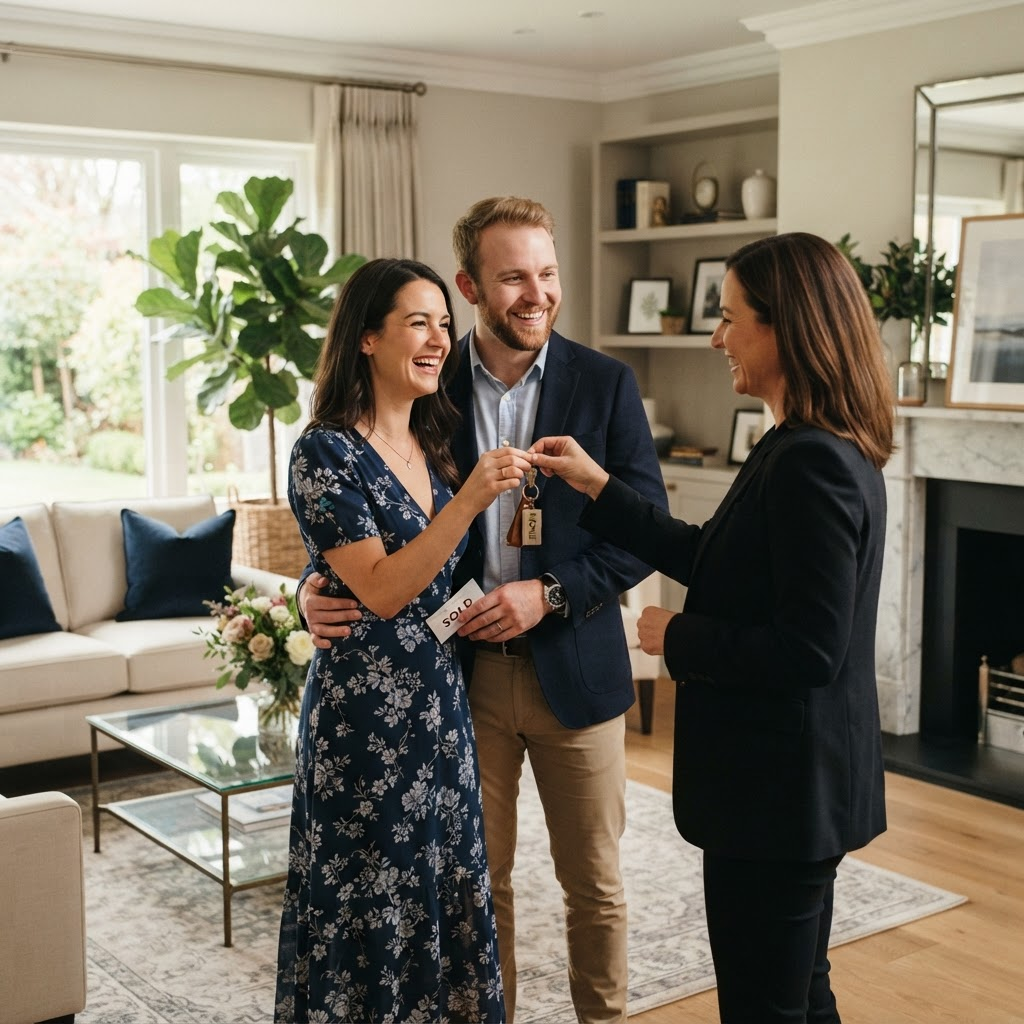 A happy couple receiving the keys to their new home