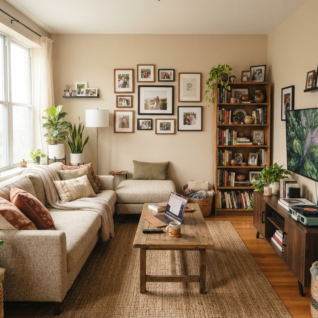 A comfortable rental living room with furniture, electronics, books, and personal belongings