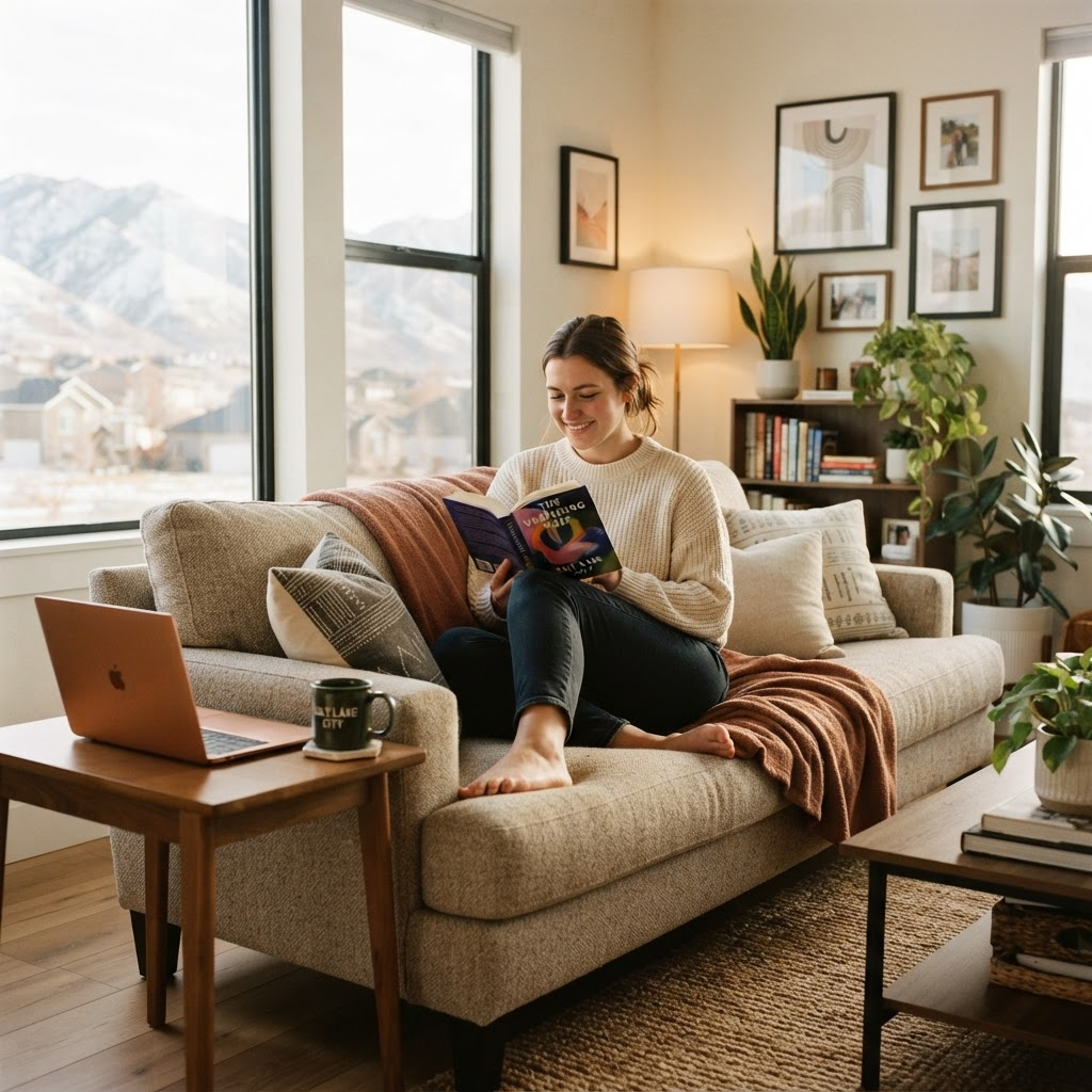 A resident relaxing comfortably in a warm, well-kept rental living room with natural light