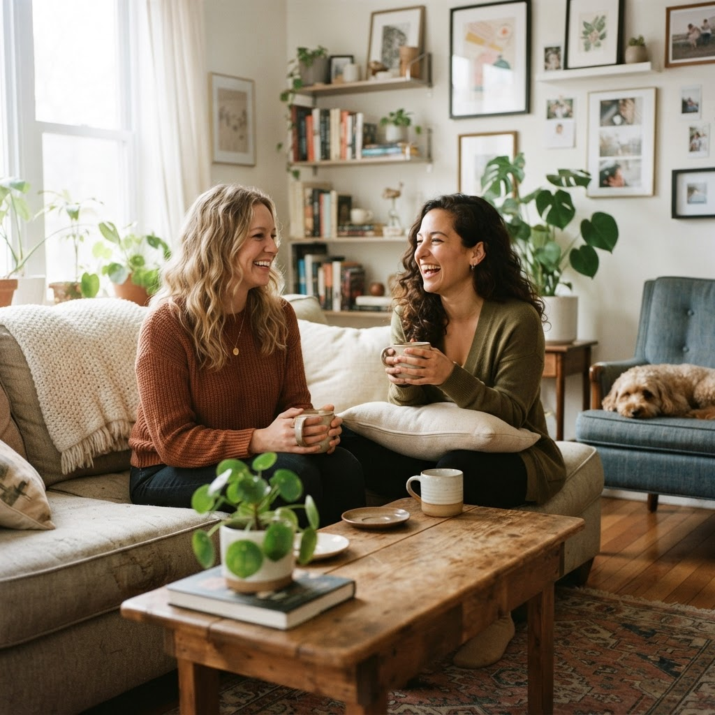 Two friends talking and laughing over coffee in a welcoming rental home