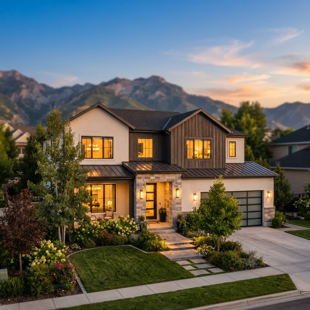 Utah single-family rental home at golden hour with the Wasatch mountains behind it