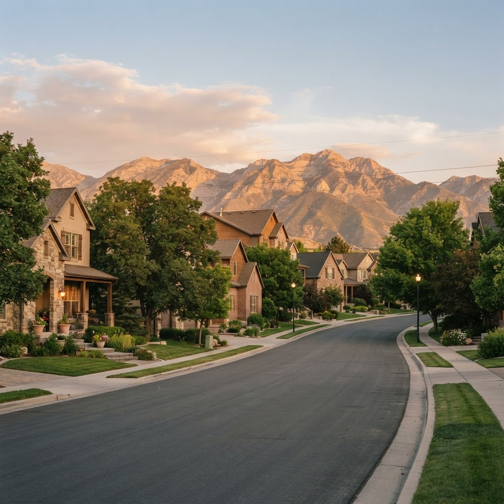 A welcoming Utah residential neighborhood at golden hour with the Wasatch mountains in the background