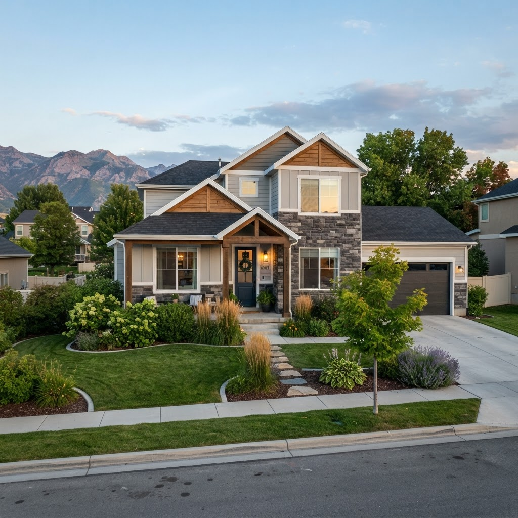 A well-kept Utah single-family rental home with professional curb appeal and the Wasatch mountains in the distance