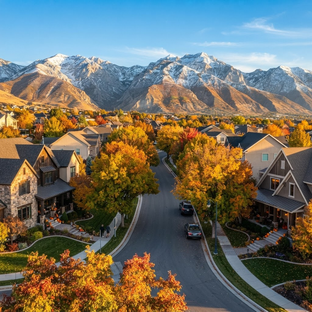 An autumn Utah neighborhood with tree-lined streets and homes below the snow-capped Wasatch mountains
