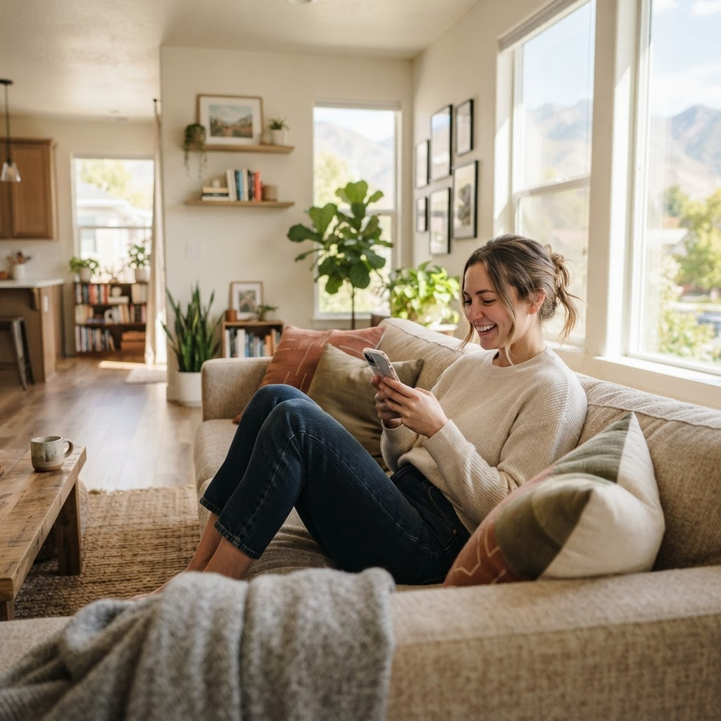 A resident relaxing on a sofa in a bright, cozy rental living room while using a smartphone