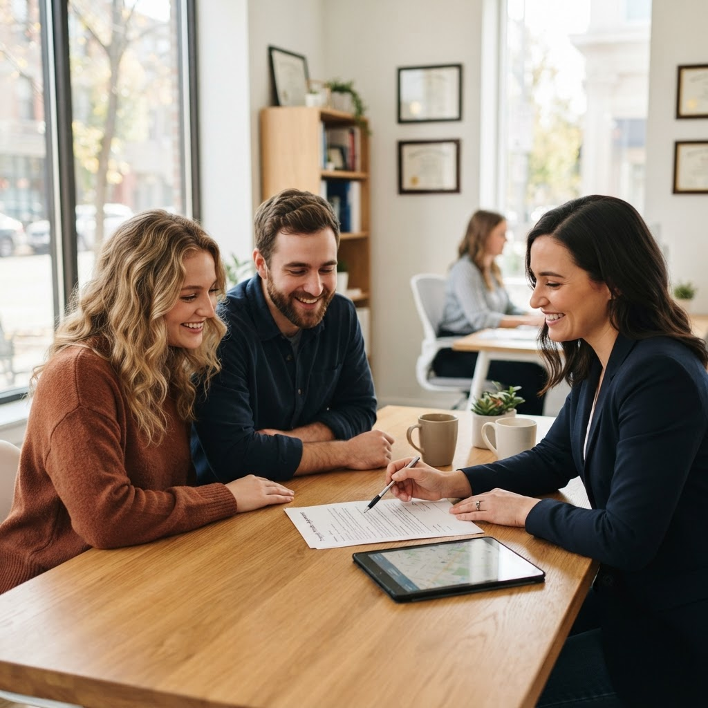 A friendly Boardwalk consultant reviewing homeownership options with a relaxed couple