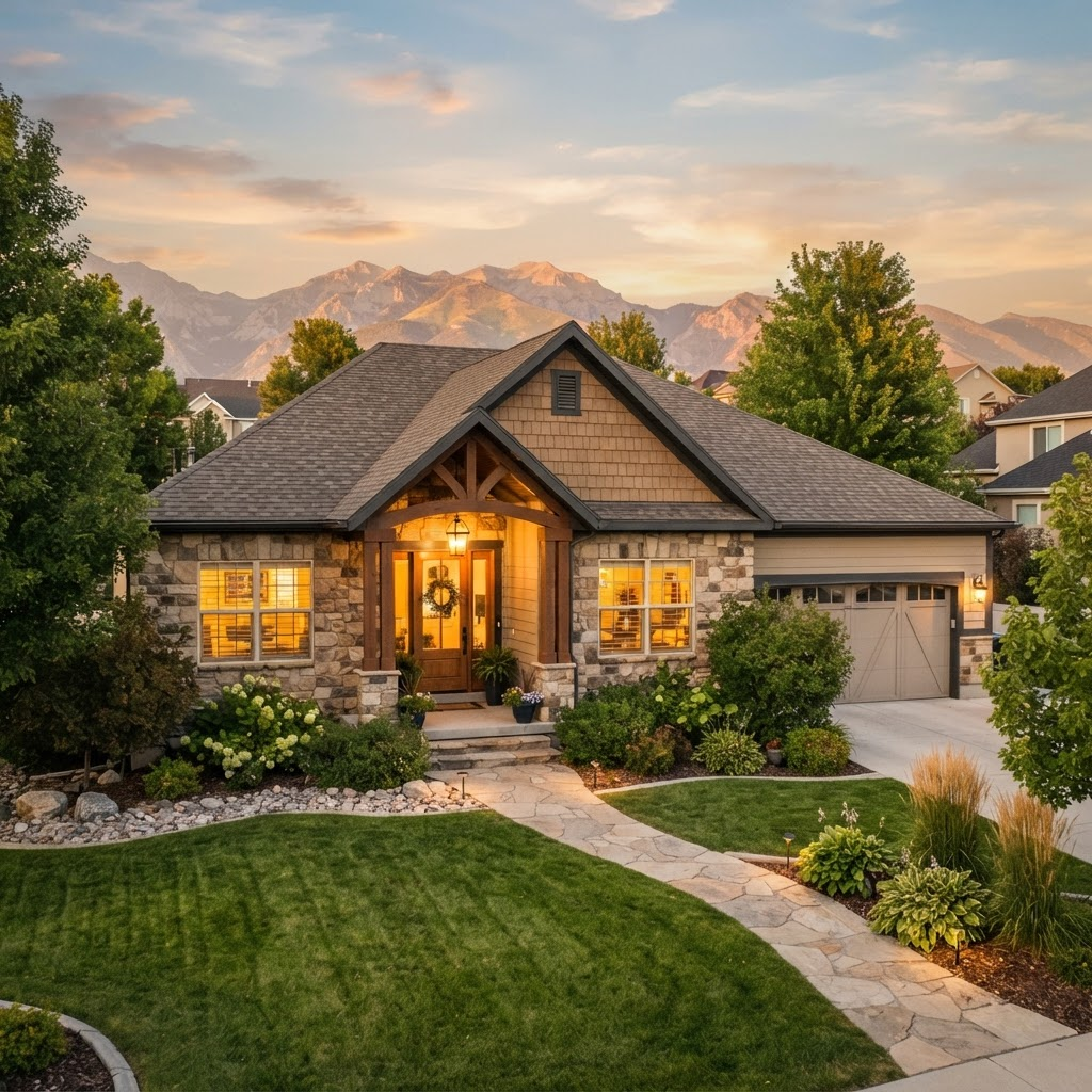 A warm, welcoming Utah home glowing at golden hour with the Wasatch mountains in the background