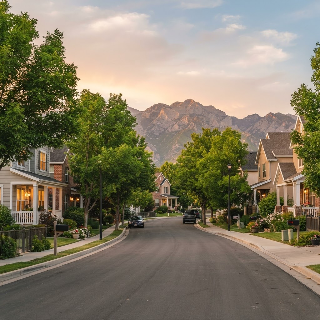 A welcoming Utah residential neighborhood at golden hour with mountains in the distance